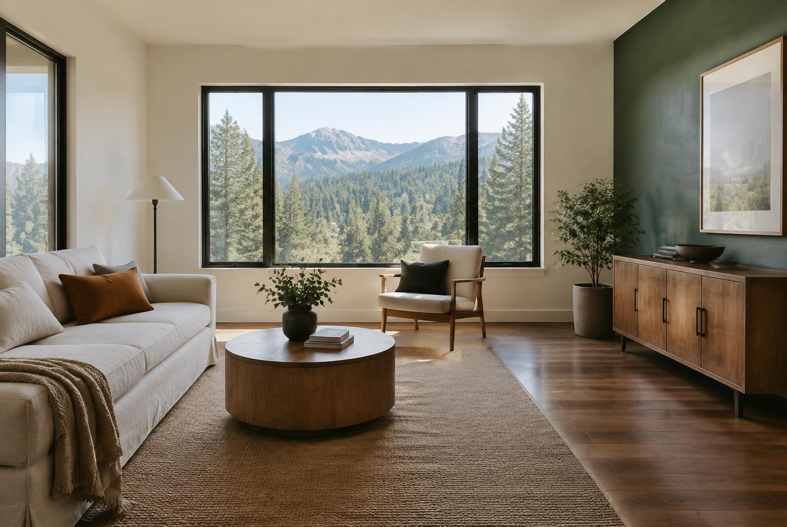 Sunlit foothills living room with warm white walls, a deep green accent wall and a view of pine-covered mountains